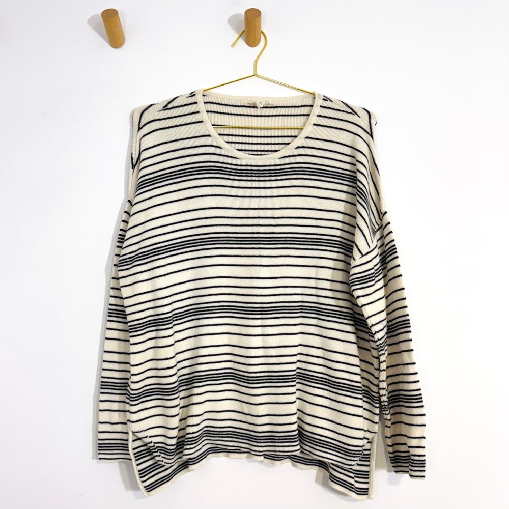 Eileen Fisher Striped Organic Cotton Cream & Black Knit Sweater Boxy Petite L